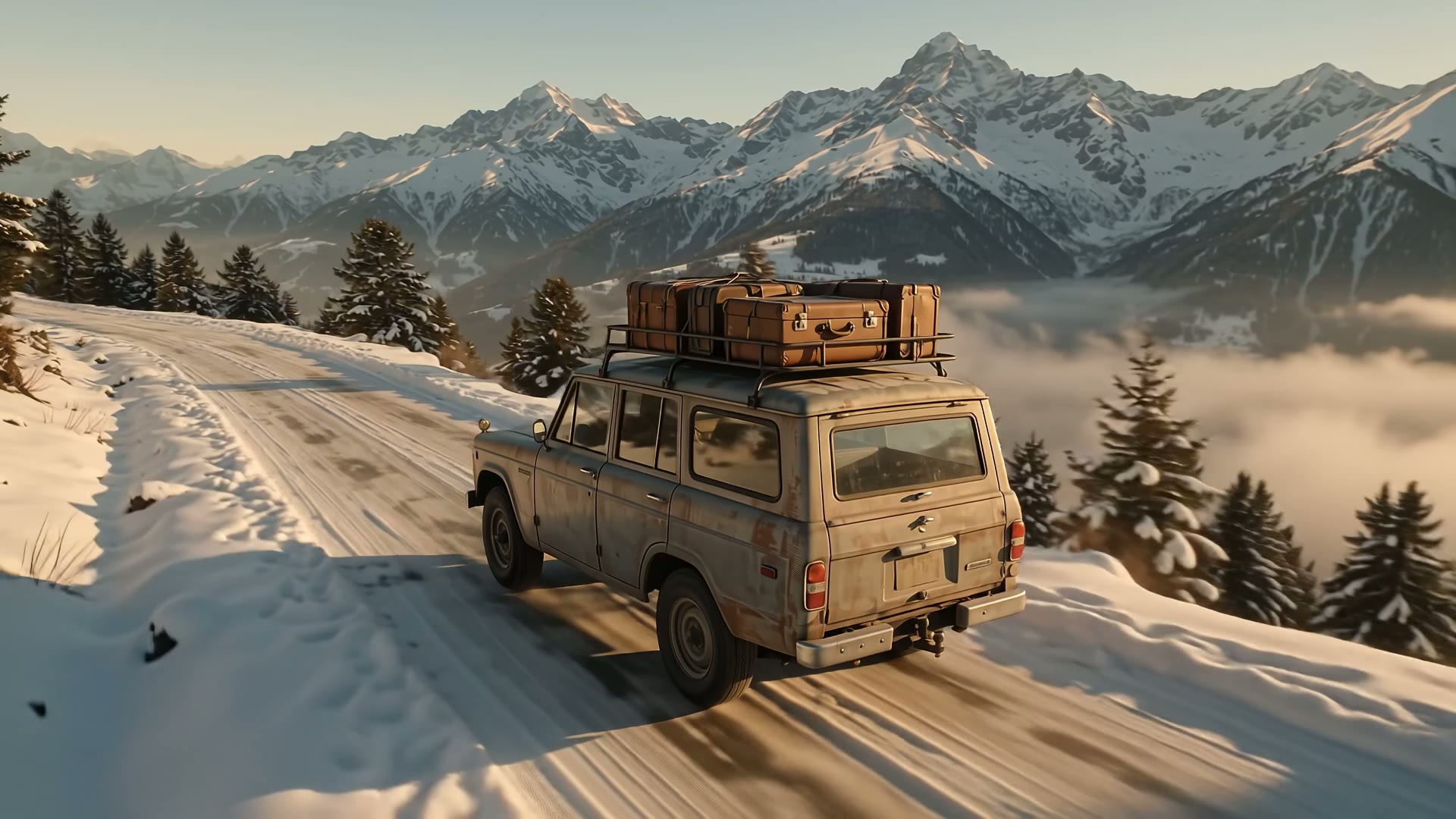 Vintage 4x4 with luggage on a snowy mountain road